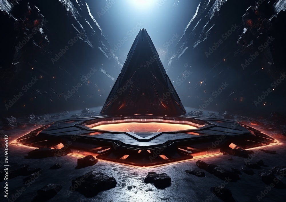 Poster galactic encounter realistic spaceship in an empty dark room ai generated
