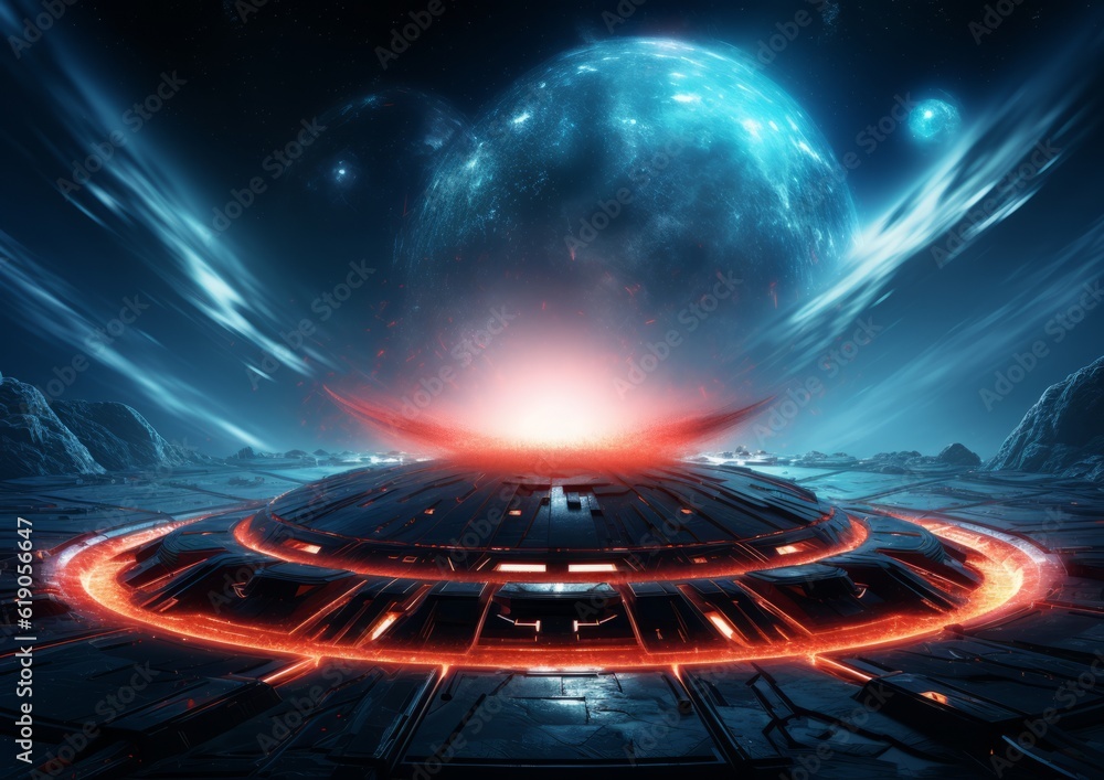 Poster galactic encounter realistic spaceship in an empty dark room ai generated
