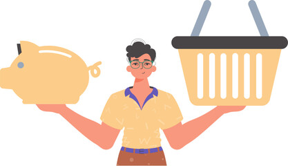 The Guy holds a piglet sediment and a workshop basket in his hired handwrite. Trendy style, Vector Illustration