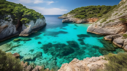 Fototapeta na wymiar Indulge in the allure of Menorca's breathtaking beauty as we capture the crystal-clear turquoise waters and pristine sandy beaches in a photograph of a secluded cove basking in the sun.