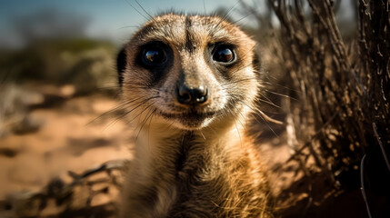 Fototapeta premium Get ready to be charmed by the curious nature of a meerkat as it pops out of its burrow! 