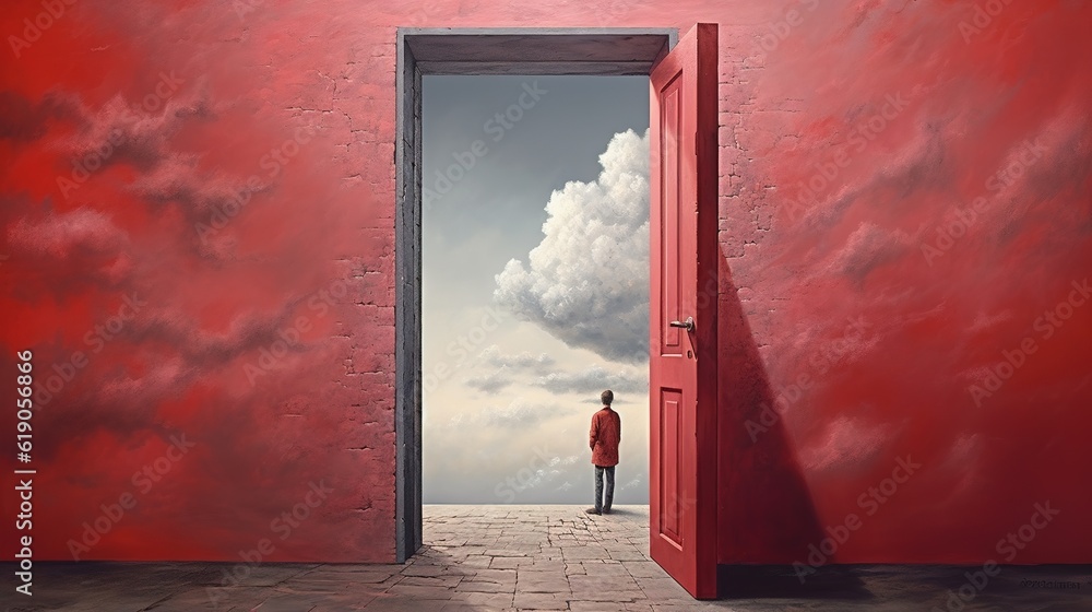 Poster a picture of a person standing in front of a door that is open.