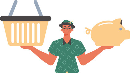 The Guy holds a piglet sediment and a workshop basket in his hired handwrite. Trendy style, Vector Illustration