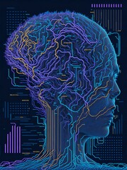 Photo of a human brain, scientific illustration of the human brain