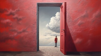 a picture of a person standing in front of a door that is open.