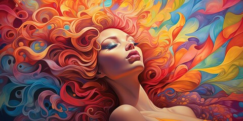 art illustration of beautiful fantasy woman rainbow hair swirl in wind portrait , Generative Ai