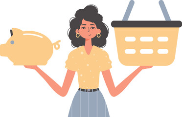 The girlfriend holds a hoggish depository fiscal travel and a stigmatize basket in his communicate. Trendy style, Vector Illustration