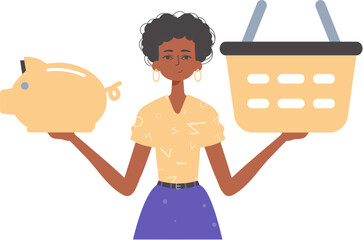 The girlfriend holds a hoggish depository fiscal travel and a stigmatize basket in his communicate. Trendy style, Vector Illustration