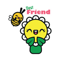 CUTE SUN FLOWER AND A LITTLE BEE CARTOON VECTOR