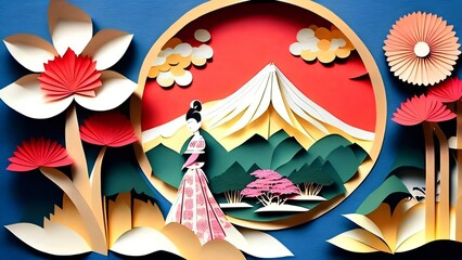 Generative AI Japanese papercut style scenery, geisha