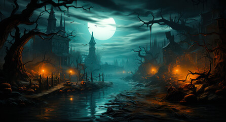 the halloween scene of dark trees and halloween pumpkins on, mist, haunting figuratism, dark paradise