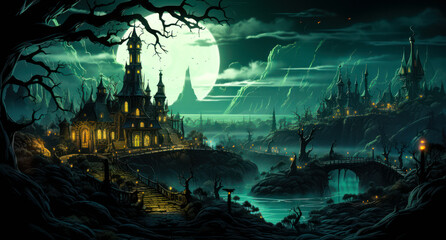 Haunted Halloween: Spooky Graveyard Wallpaper with Surrealistic Landscape