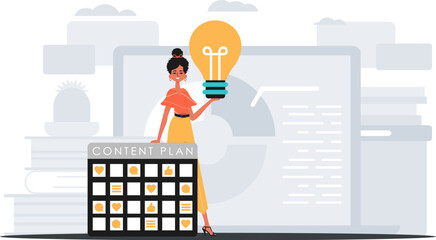 The daughter is holding a luminosity bulb and a content plan . digital sell concept. Trendy style, Vector Illustration