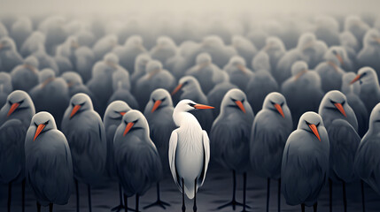 Standing out from the crowd , white bird standing between man gray birds