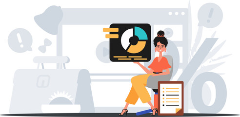 The female child sits in a chair and holds a chart with statistic . digital commercialize concept. Trendy style, Vector Illustration