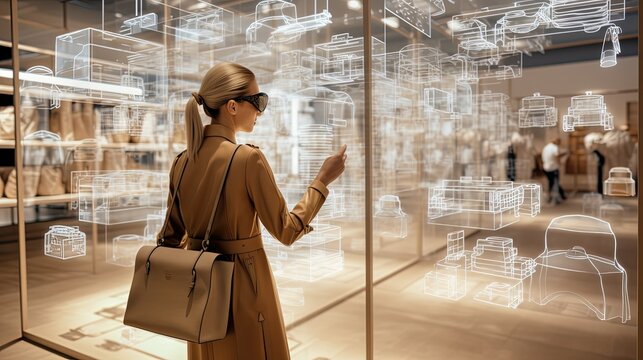smart modern futuristic lifestyle theme, a woman shopping in mall using Vr glasses, Generative Ai