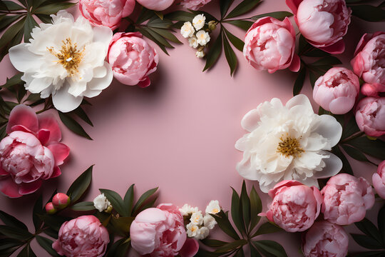 Fresh flowers peonies and roses and and palm leaves arranged as a frame on a seamless pastel pink background. Top view. Flat lay. Copy space for text. Generative AI technology