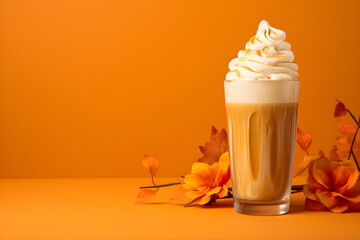 A tall glass with an orange pumpkin spice latte coffee drink with whipped cream topping or milk and cinnamon sprinkles on seamless orange background, autumnal decoration. Generative AI technology