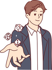 Man throws dice inviting you to visit casino and try your luck at roulette with big cash prize