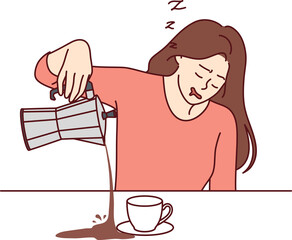 Tired woman spills coffee falling asleep during breakfast and needing vacation due to overtime