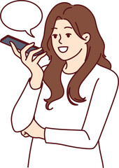Woman with phone records audio message or using speech recognition features to send via messenger