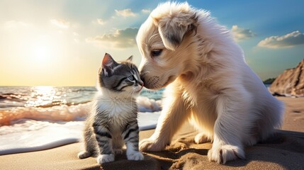 baby cat and dog  sniffing each other at beach, Generative Ai