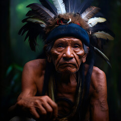 Portrait of an indigenous man from the Amazon. AI Generative.