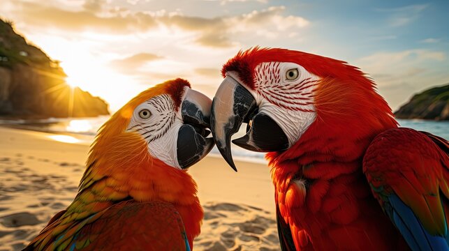 cute macaw birds kissing at beach, generative Ai