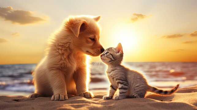 baby cat and dog  sniffing each other at beach, Generative Ai