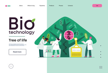 Bio Technology, Tree of life - modern flat vector concept illustration of scientists observing the tree, whose leaves represent various types of DNA. Metaphor of genetic research and diversity of life