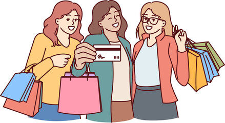 Women show off credit card for shopping and hold packages from boutiques after going to mall