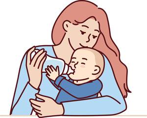 Woman kisses baby while feeding artificial milk from bottle to advertise nutrition for newborns