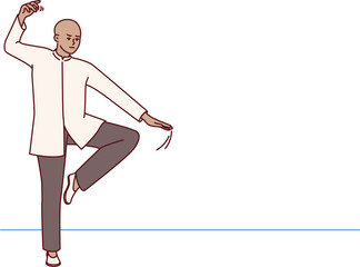 Chinese man practicing qi qong taijiquan does breathing exercises during martial arts training