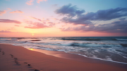 Fototapeta premium Serene Beach Sunset, Tranquility at Dusk. Generative Ai