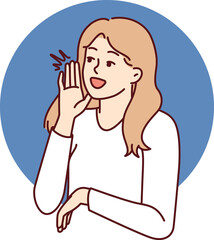 Woman screams with hand to mouth to announce start of seasonal sale or discounts for shopping