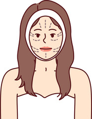 Face of woman with lines for plastic surgeon or cosmetologist doing cosmetic lifting procedure