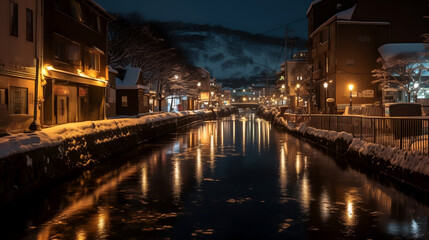 Fototapeta na wymiar Step into the enchanting atmosphere of Otaru's Canal District, where a charming canal meanders through the heart of the city, lined with historic buildings that whisper tales of bygone eras.