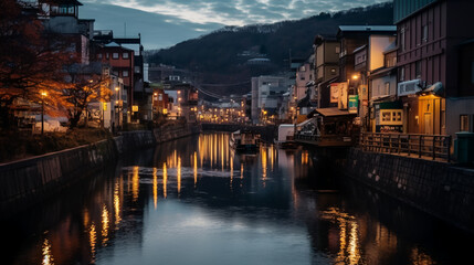 Obraz premium Step into the enchanting atmosphere of Otaru's Canal District, where a charming canal meanders through the heart of the city, lined with historic buildings that whisper tales of bygone eras.