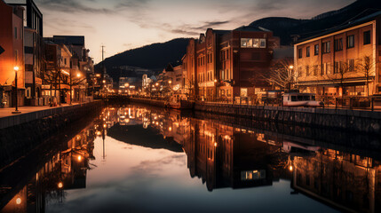 Fototapeta na wymiar Step into the enchanting atmosphere of Otaru's Canal District, where a charming canal meanders through the heart of the city, lined with historic buildings that whisper tales of bygone eras.