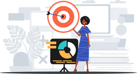 The female child holds in his hand a target with arrow that hit the center . digital commercialize concept. Trendy style, Vector Illustration