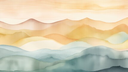 Abstract, watercolour background of hills and mountains in hues of green, orange and yellow.