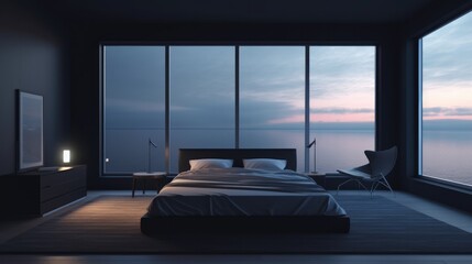 Dark minimalistic bedroom interior with large windows overlooking the ocean. Generative ai composite.