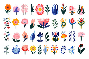 Fototapeta na wymiar Various flower designs abstract shapes trendy colorful drawing, vector illustration