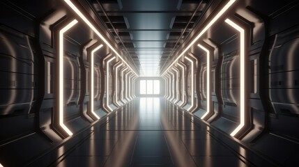 Futuristic empty tunnel with light beams throughout.  