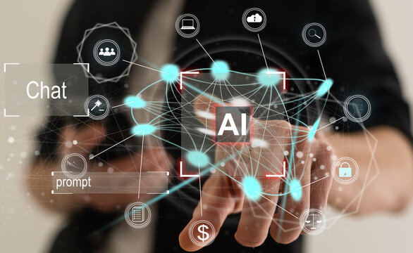 Businessman touching the brain of artificial intelligence (AI). Futuristic business. Innovation connected global network. Investing, financial charts, GPT chatbot, business goals, AI concept.