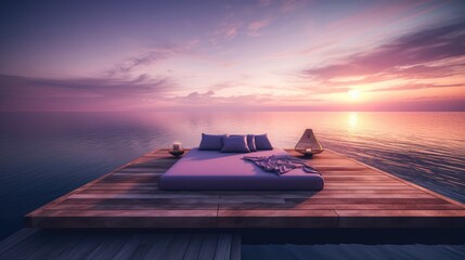 Deck bed over the ocean on a dusky sunset background. 