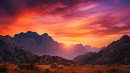 Fototapeta na wymiar Golden, purple sunset over the mountains. Generative ai composite.
