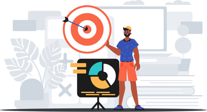 The Guy holds in his hand a target with arrow that hit the condense . digital overlay concept. Trendy style, Vector Illustration