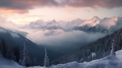 Sunrise over the misty snow-capped mountains.