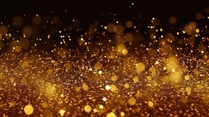 Gold particles in motion on a dark background. Generative ai composite.